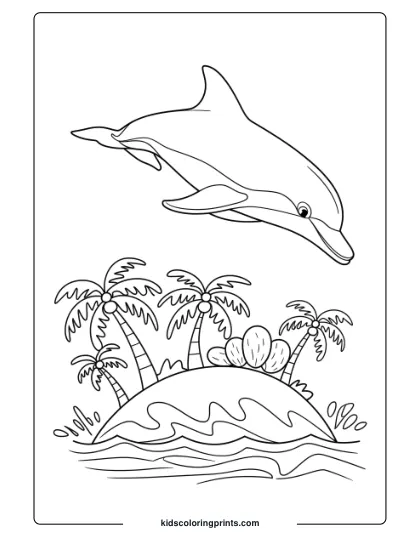 A Dolphin Jumping Above A Tropical Island, A Scenic View For A Coloring Page.