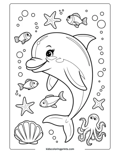 A Dolphin Among Vibrant Sea Creatures, Perfect For A Lively Underwater-Themed Coloring Page.