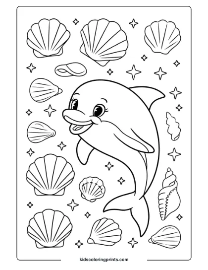 A Dolphin Surrounded By Twinkling Seashells, A Magical Coloring Page.