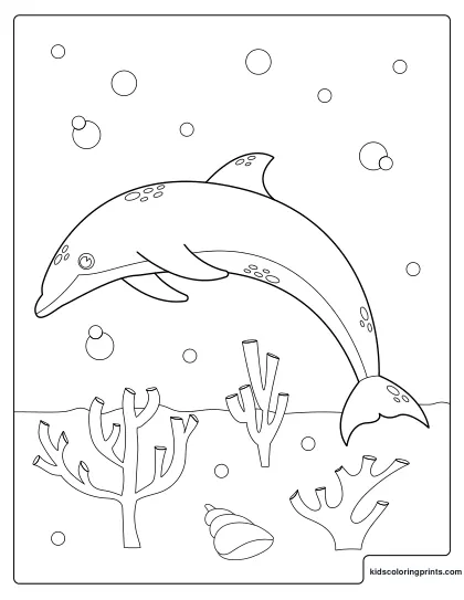 Dolphin Coloring Page Showing A Dolphin Swimming Above Corals And Bubbles.