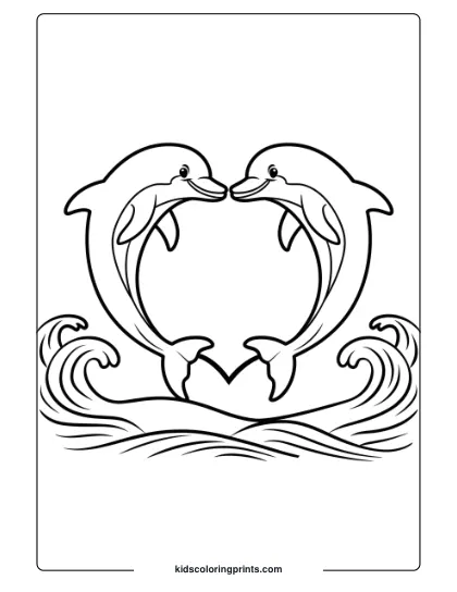 Two Dolphins Making A Heart In The Waves, A Touching Coloring Page.