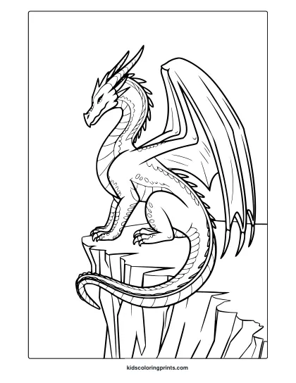 A Dragon Coloring Page With A Majestic Dragon Overlooking A Vast Landscape From A Cliff.