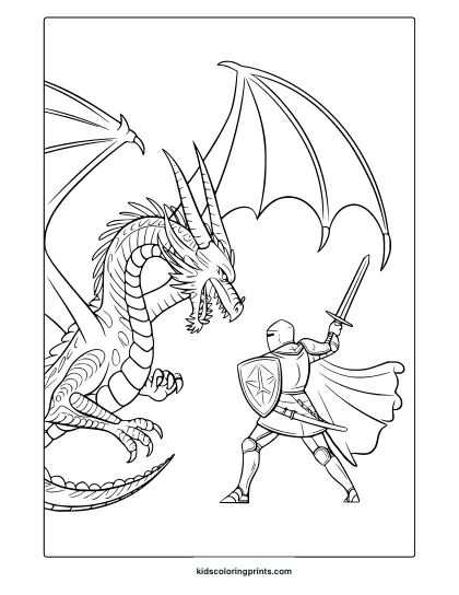 A Dragon Coloring Page Featuring A Knight In Armor Battling A Menacing Dragon With Outstretched Wings.