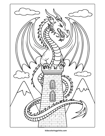A Dragon Coloring Page With A Large Dragon Wrapped Around A Castle Tower, Creating A Fantasy Scene.