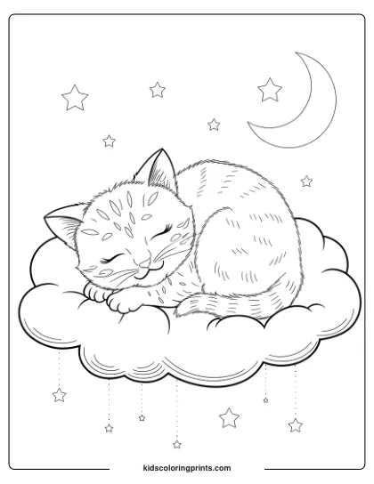 A Dreamy Kitten Lying On A Cloud With Stars, Creating A Calm And Peaceful Coloring Page.