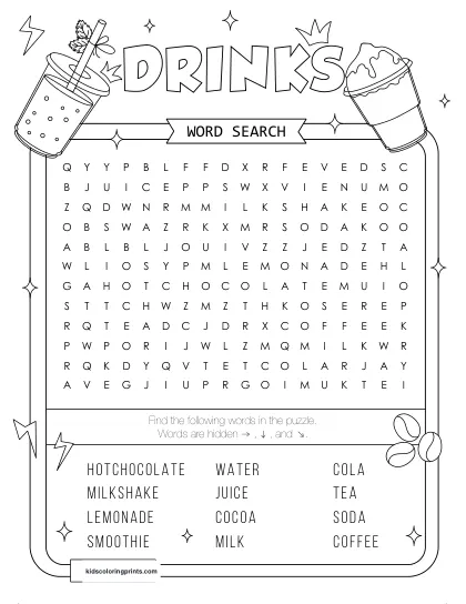 Free Printable Drinks Word Search Puzzle With 12 Words From Water To Tea.