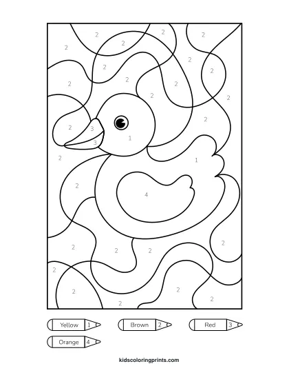Duck Color By Number Coloring Page With A Yellow Duck Floating On Blue Water With A Cheerful Face.