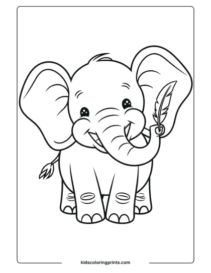 Coloring Page Of Dumbo Smiling While Holding A Feather.