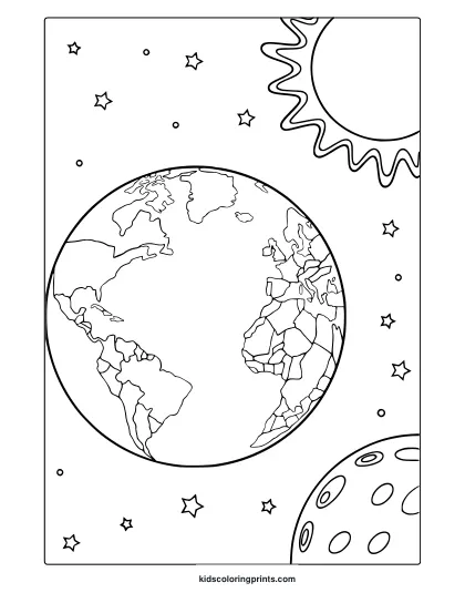 Earth Moon And Sun With Continents And Stars. Detailed Earth Coloring Page With Clean Line Art In Space Theme.