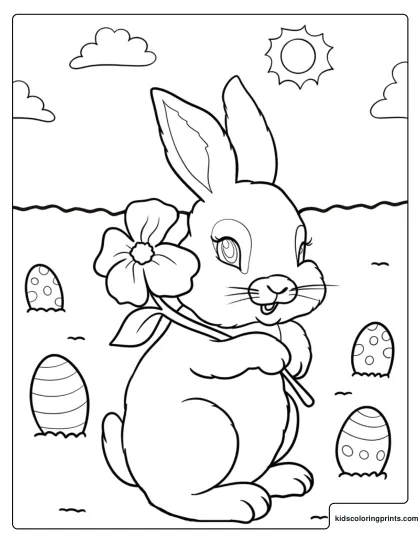 Easter Bunny Holding A Lily With Eggs Nearby Coloring Page