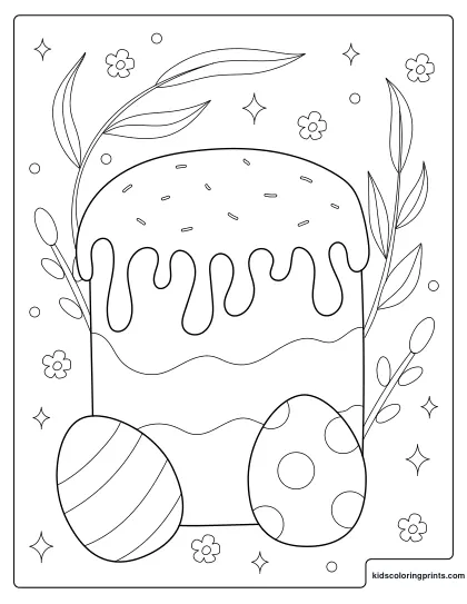 Easter Coloring Page Showing A Decorated Cake With Icing And Patterned Eggs.