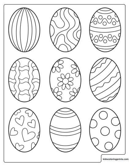 Easter Eggs With Hearts Dots And Stripes Coloring Page