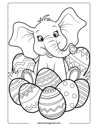 Coloring Page Of An Elephant With Decorated Easter Eggs.