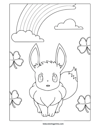 Eevee With Rainbow, Cloud, And Clovers On A Delightful Pokémon Coloring Page.