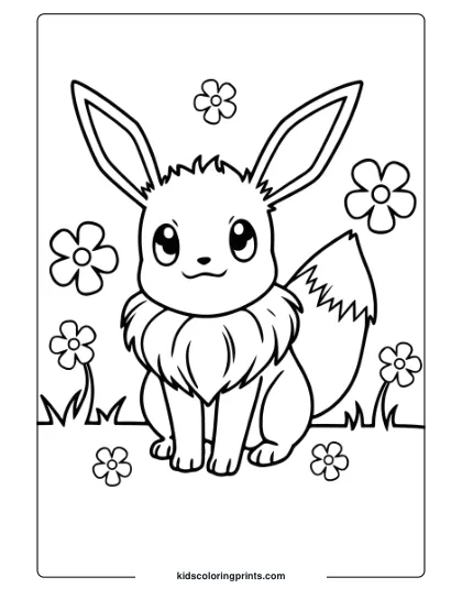 Eevee Coloring Page Featuring Eevee In A Flowering Meadow, Surrounded By Blooms And Greenery.