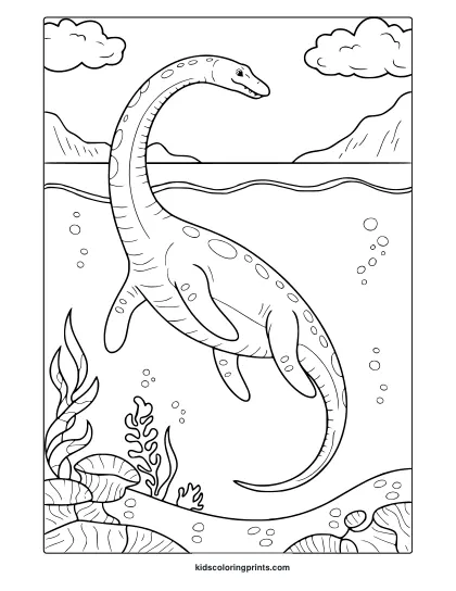 An Underwater Elasmosaurus With A Long Neck And Sea Plants Stars In This Marine-Themed Dinosaur Coloring Page.