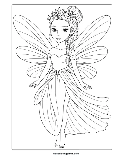 Elegant Fairy Coloring Page With Crown, Wings, And Flowing Petal Dress.