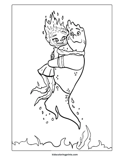 Elemental Characters Coloring Page Hugging Together.