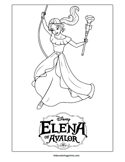 Coloring Page With Elena Of Avalor In A Dynamic Pose Holding A Magical Staff And Bow.