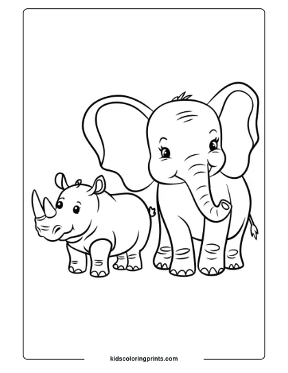 Coloring Page Of An Elephant And A Rhinoceros Together.
