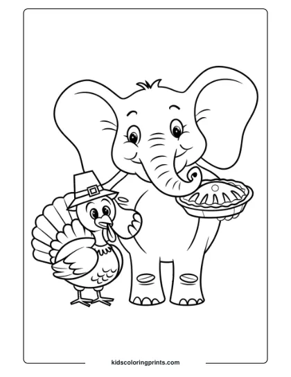 Coloring Page Of An Elephant And A Turkey Celebrating Thanksgiving.