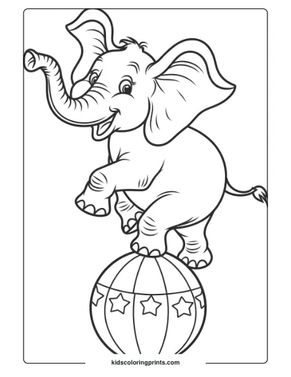 Coloring Page Of An Elephant On A Star-Patterned Circus Ball.