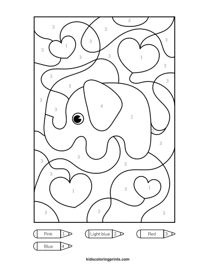 Elephant Color By Number Coloring Page With A Cute Gray Elephant And Big Ears Standing On Green Grass.
