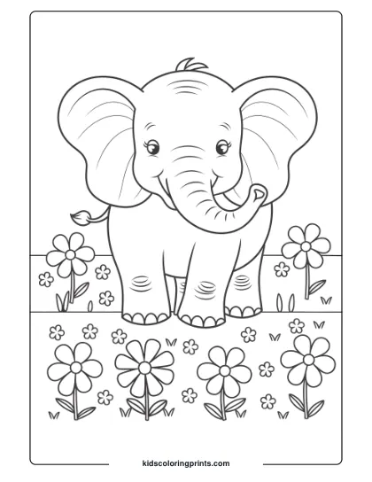 Coloring Page Of An Elephant Among Flowers.