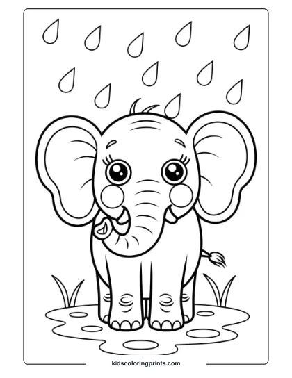 Coloring Page Of A Cute Elephant In The Rain.