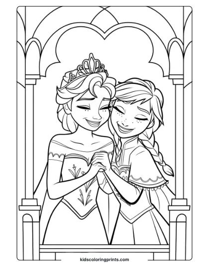 Elsa And Anna Laughing Together In The Castle In This Coloring Page, Showcasing Their Close Relationship In A Royal Setting.