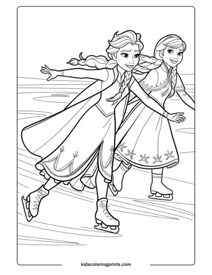 Elsa And Anna Ice Skating On A Frozen Lake In This Coloring Page, Featuring The Iconic Frozen Characters On A Winter Adventure.