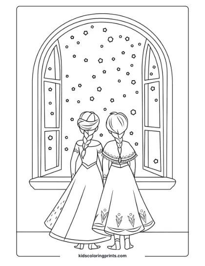 Elsa And Anna Watching The Snow Fall From Their Castle Window In This Coloring Page, Capturing A Serene Winter Scene.