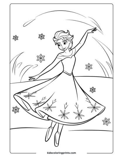 Elsa Dancing In A Snowy Landscape In This Printable Coloring Page, Showcasing Her Elegance And Winter Setting.