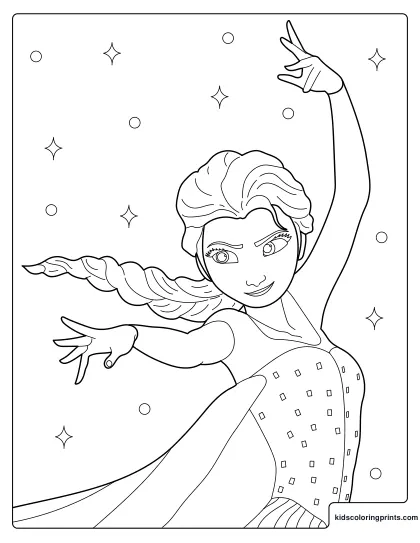 Elsa Coloring Page Showing Elsa With Braided Hair And Magic Sparkles Around Her.