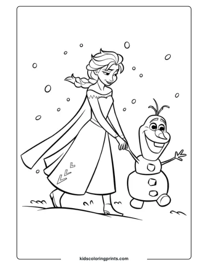 Elsa Holding Olaf’s Hand As They Walk Through The Snow In This Coloring Page, Showcasing Their Close Friendship In A Snowy Setting.