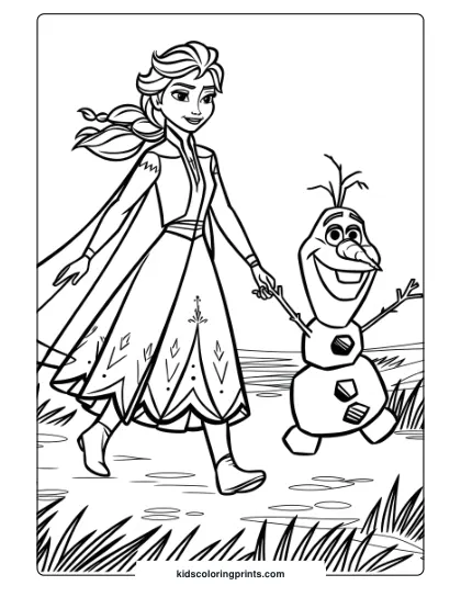 Elsa Holding Olaf’s Hand In This Printable Coloring Page As They Walk Through Snowy Fields, Showcasing Their Friendship.