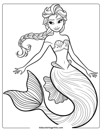 Elsa Mermaid With A Braided Hairstyle And Detailed Tail Swimming Underwater In This Enchanting Coloring Page.