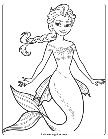 Elsa Mermaid Swimming Gracefully With A Shimmering Tail And Braided Hair In This Magical Coloring Page.