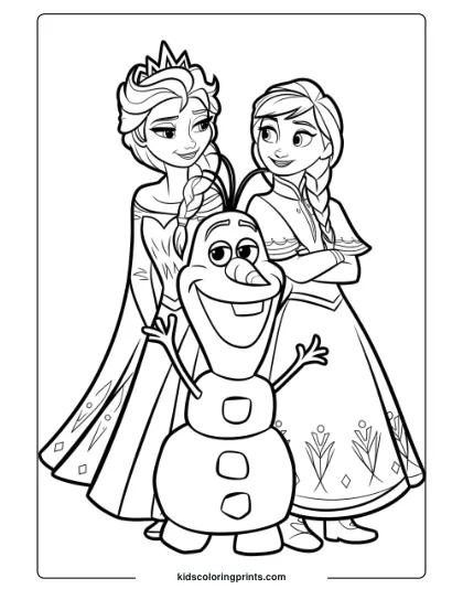 Elsa, Anna, And Olaf Laughing Together In This Coloring Page, Capturing Their Friendship And Joyful Moment In A Winter Setting.