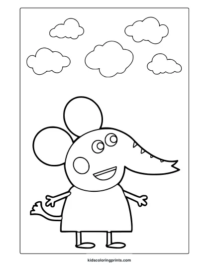 Emily Elephant Coloring Page With Dress And Fluffy Clouds In Background.