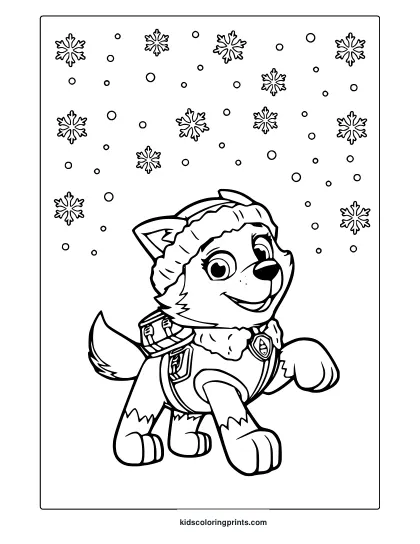 Everest From Paw Patrol In A Snowy Scene With Falling Snowflakes, Featured On A Fun And Bold-Outlined Coloring Page.