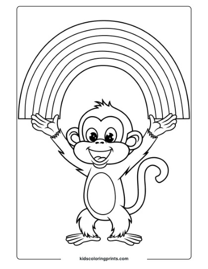 Coloring Page Of A Cheerful Monkey Lifting A Colorful Rainbow Overhead, Radiating Happiness.