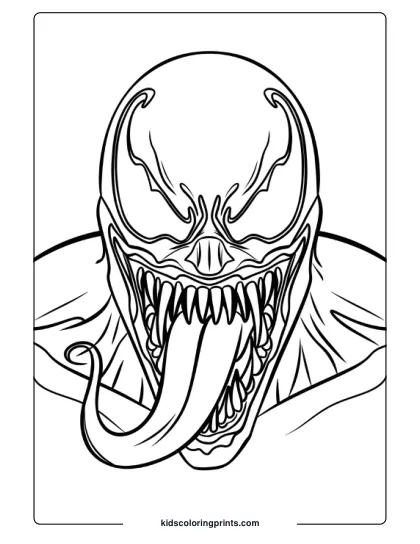 This &Quot;Venom Face Coloring Page&Quot; Features A Close-Up Of Venom's Menacing Face, Emphasizing His Sharp Teeth, Wide Mouth, And Extended Tongue. The Detailed Line Art Brings Out The Fierce And Intimidating Expression, Perfect For Fans To Add Their Own Creative Flair To This Iconic Character.