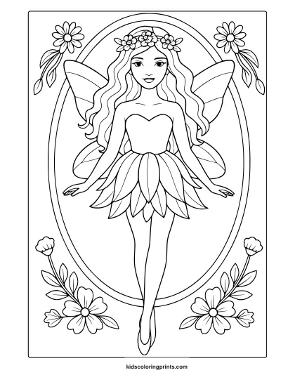 Fairy And Flowers Coloring Page In A Floral Frame With Butterfly Wings.