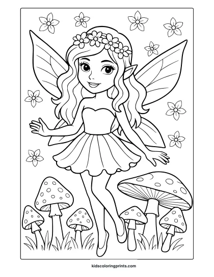 Fairy And Mushrooms Coloring Page With Large Toadstools And Flower Crown.