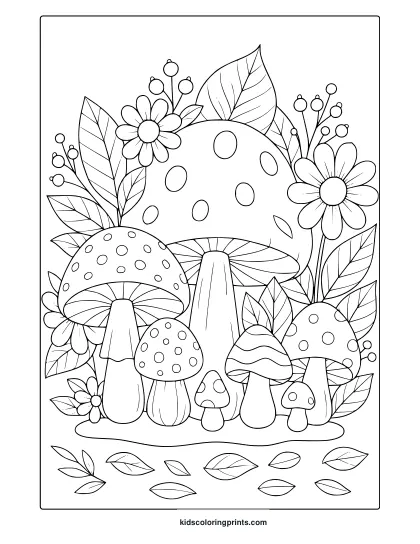 Fairy Garden Mushrooms Coloring Page With Spotted Mushrooms And Flowers.