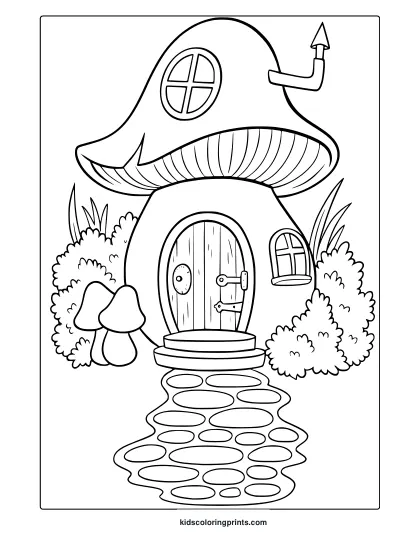 Fairy House Coloring Page With Whimsical Mushroom Roof And Rounded Shapes.