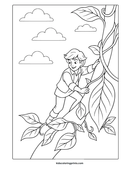 Fairy Tale Jack And The Beanstalk Coloring Page With Climbing Boy And Big Vine.