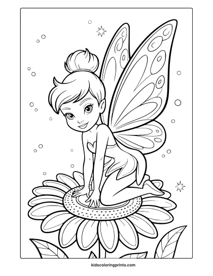 Fairy Tinkerbell Coloring Page On Sunflower With Wings, Dots, And Magical Background.