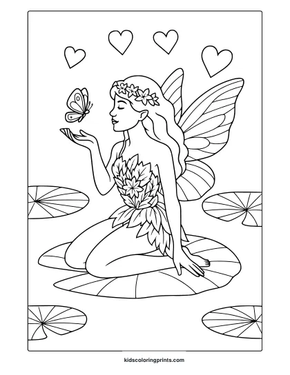 Fairy With Butterfly Coloring Page Sitting On Lily Pad With Floating Hearts.
